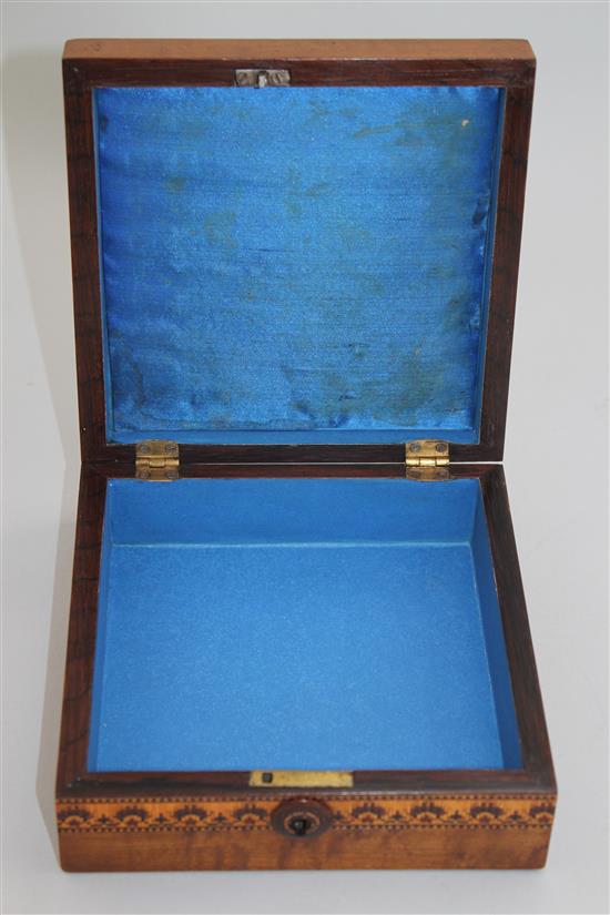 A Tunbridge Ware birds eye maple stag mosaic handkerchief box, 9in.